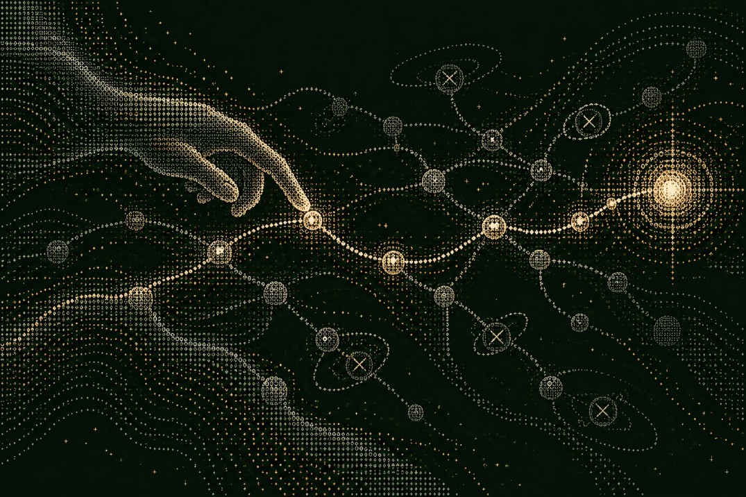 ASCII artwork of a hand touching a node on a branching learning path